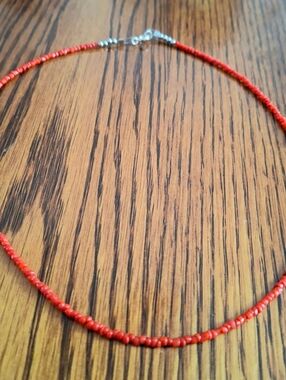 Necklace Red Coral Seed Bead 18" Sterling Silver
